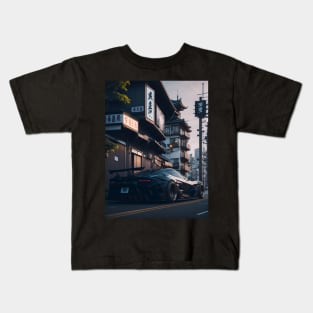 Dark Sports Car in Japanese City Kids T-Shirt